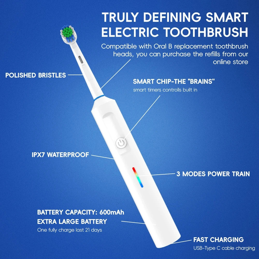 Smart Rotating Electric Toothbrush, Rechargeable Rotary Toothbrush  Heads, Compatible with Oral B Replacement Brush Heads