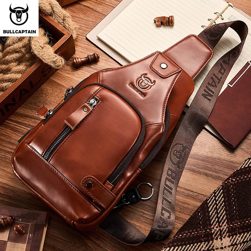 Bullcaptain Leather Large Capacity Chest Bag Men's Shoulder Bag with USB Port for Outdoor Casual Activities