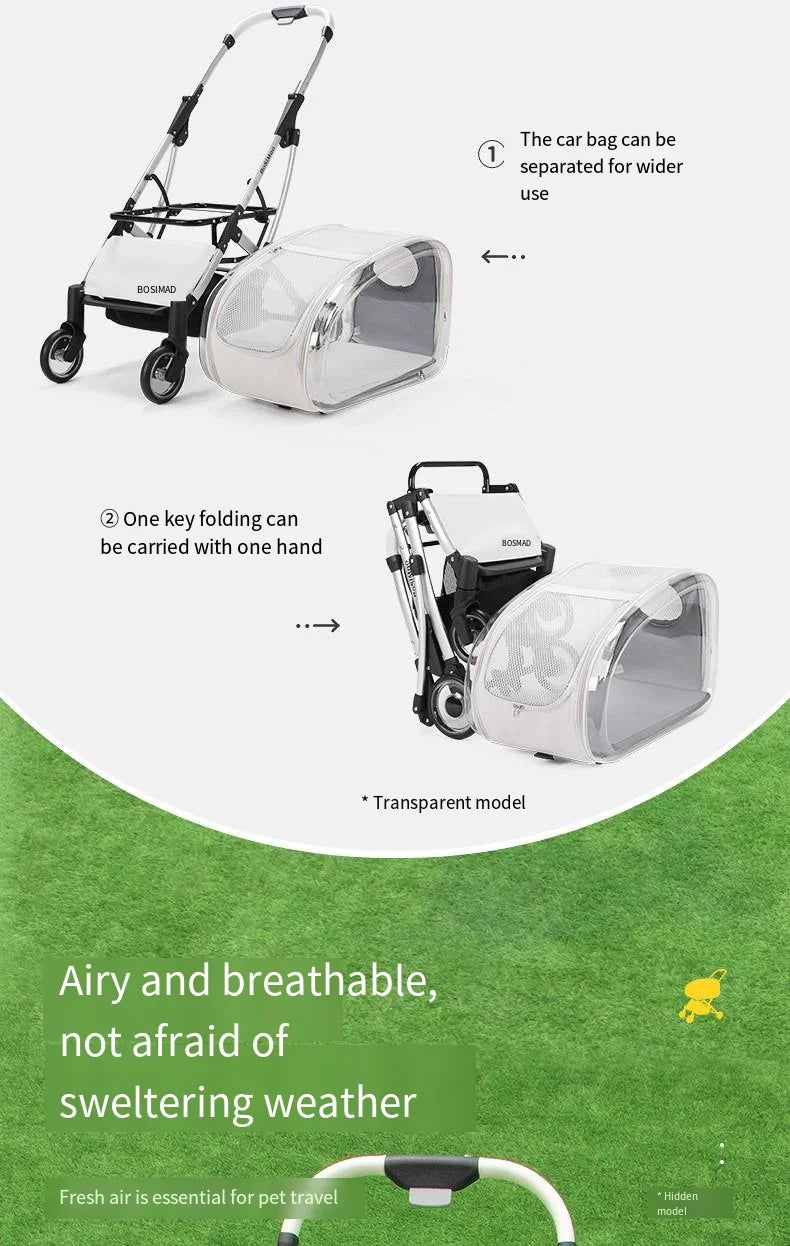 2023 New Transparent Pet Cart Dog and Cat Walking Cart Small Medium Sized Dog Pulled Stroller Lightweight Foldable Detachable