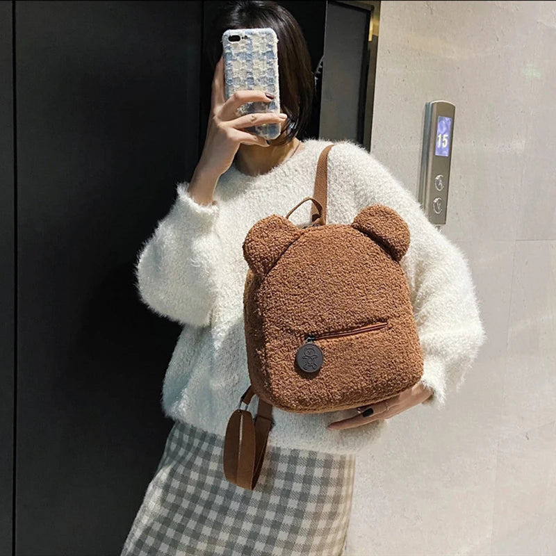 Cute Bear Ear Plush Backpack for Kids Adult Lamb Fleece Shoulder Bag High-capacity Korean Parent-Child Bags Boys Girls Backpacks