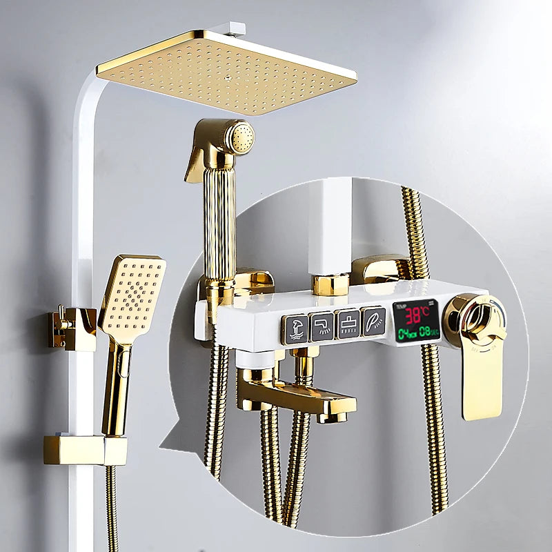 Thermostatic Digital Bathroom Shower Set Rainfall Shower Head Brass Bathroom Faucet Accessories Hot Cold Digital Shower System