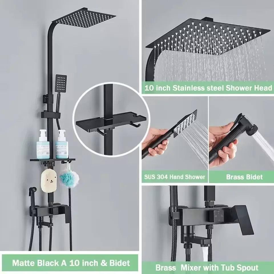 Black Gold Bathroom Shower System Brass Hot Cold Bathroom Faucets Set Accessories 10 Inch Stainless Steel Rain Shower Head