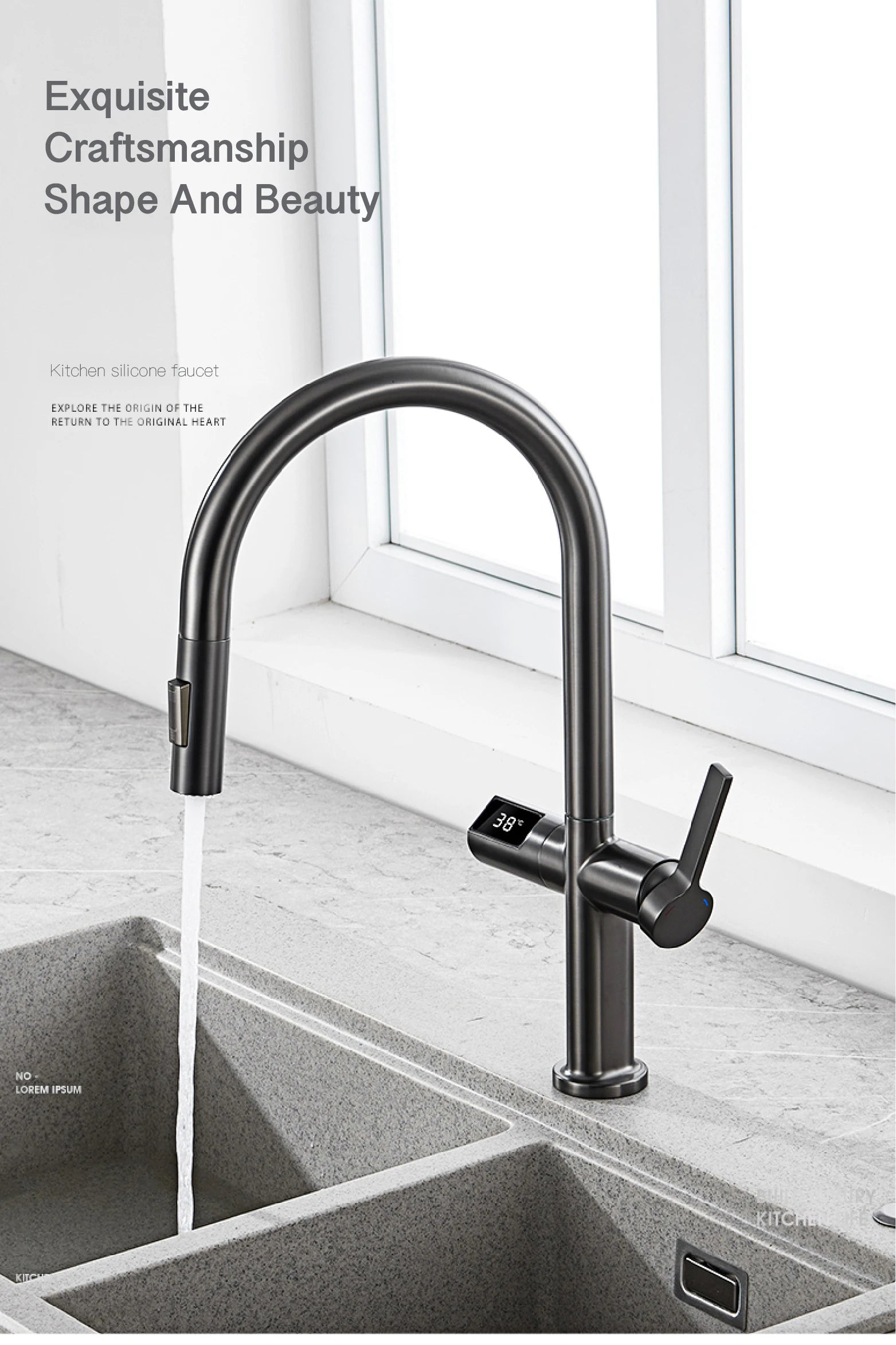 Luxury brass gun gray kitchen faucet LED digital sensing design single handle hot & cold water pull-out type 2-function sink Tap