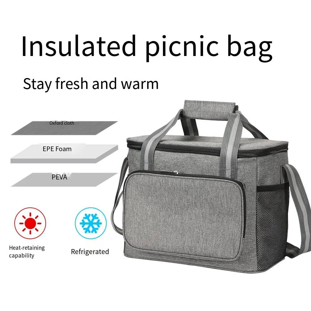 Large Insulated Lunch Bag Black Waterproof Leak-proof Thickened Handheld/Shoulder Carry Outdoor Picnic Lunch Bag