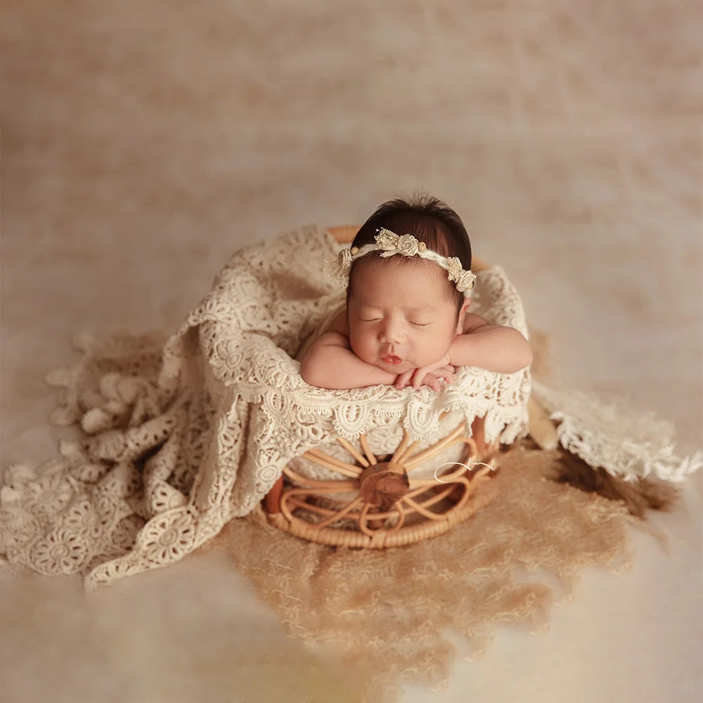 0-1 Month Baby Photography Props Baby Girl Bow Headband + Head Flower Infant Shoot Lace Background Mat Newborn Photo Accessories
