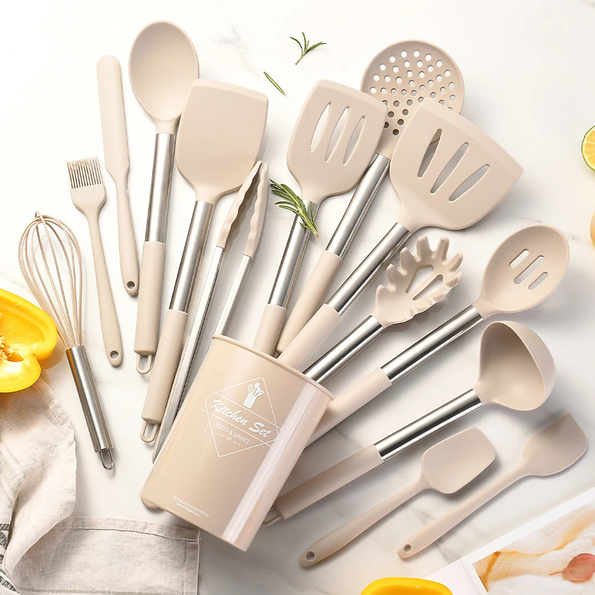 15pcs Silicone Kitchenware Set Stainless Steel Handle Cooking Utensils Spatula Spoon Food Clip Kitchen Tool with Storage Bucket