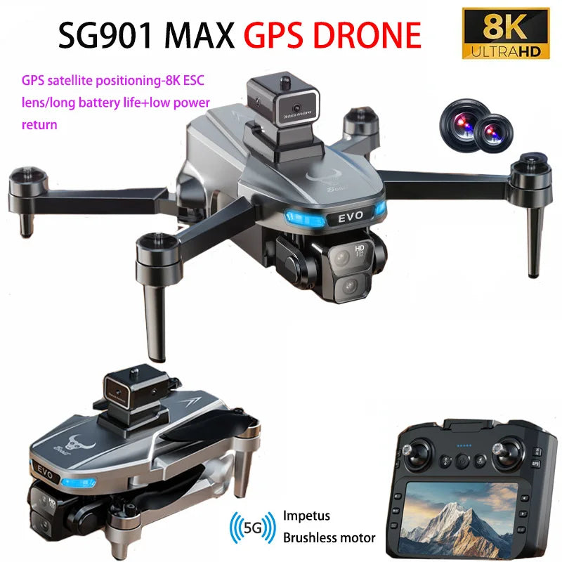 SG901MAX GPS Drone 8K Professional HD Dual Camera 5G WIFI With Screen 360°Obstacle Avoidance Brushless Foldable Quadcopter Drone