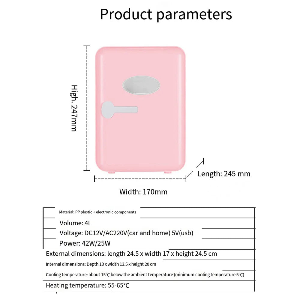 Mini Refrigerator for Cosmetics, Holds 4L Portable Fridge Cooler for Skincare,Cars, Offices,Dormitories Makeup Cooler