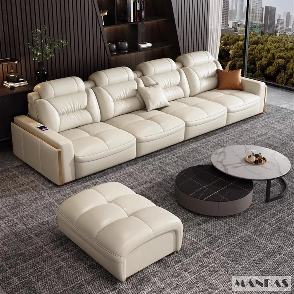 Premium Italian Genuine Leather Sectional Sofa Sets Couch Sofas with USB and Bluetooth Speaker - MANBAS Living Room Furniture