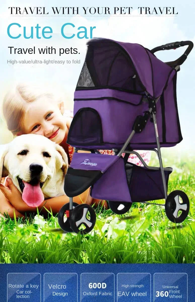 Lightweight Folding Pet Trolley Cat, Dog and Cart Three-wheeled Pet Cart Go Out Cart Supplies Dog Stroller