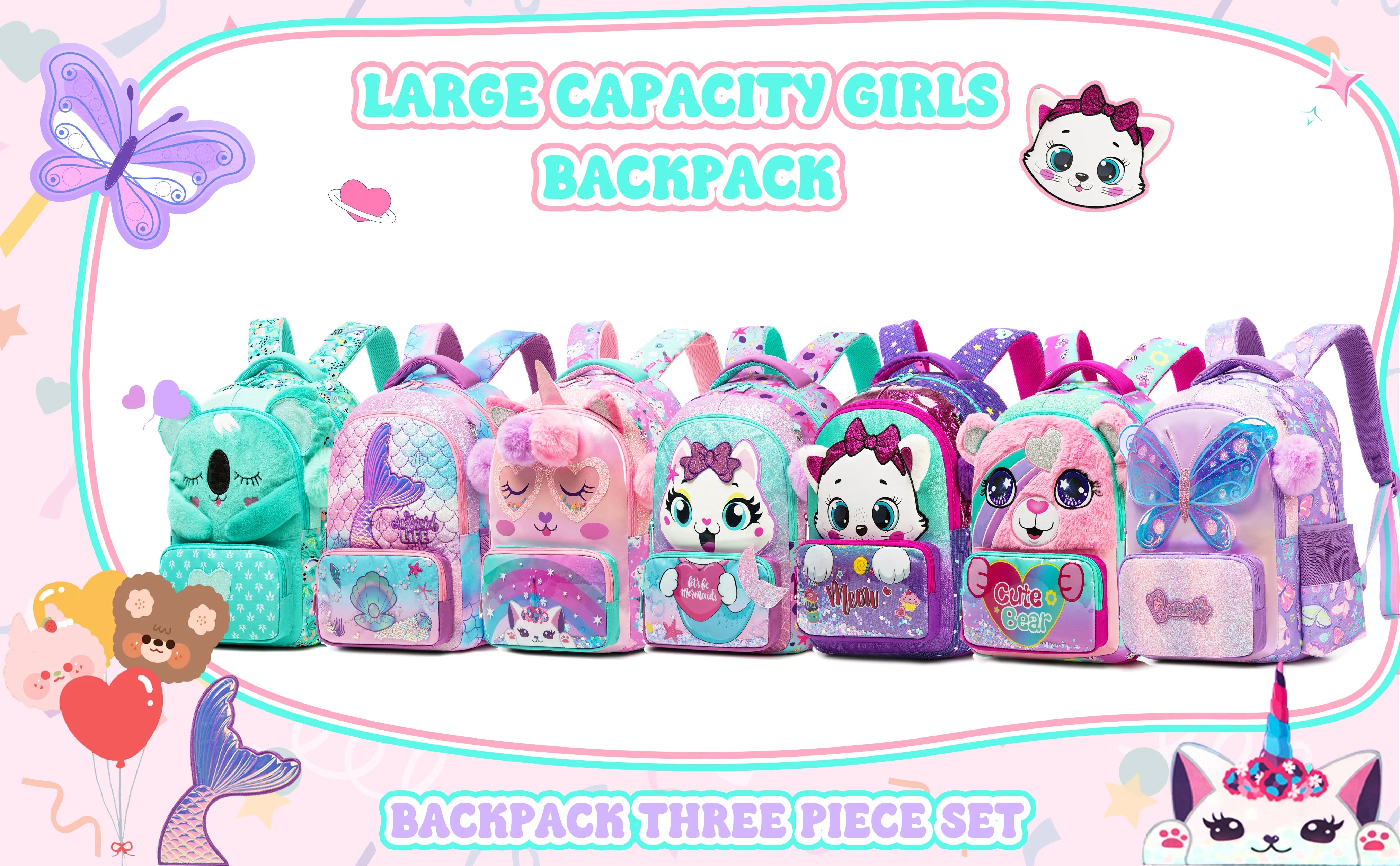 kids backpacks with Lunch Bag for girls 3pcs girls bookbag and Lunch Box Set for Elementary Middle School