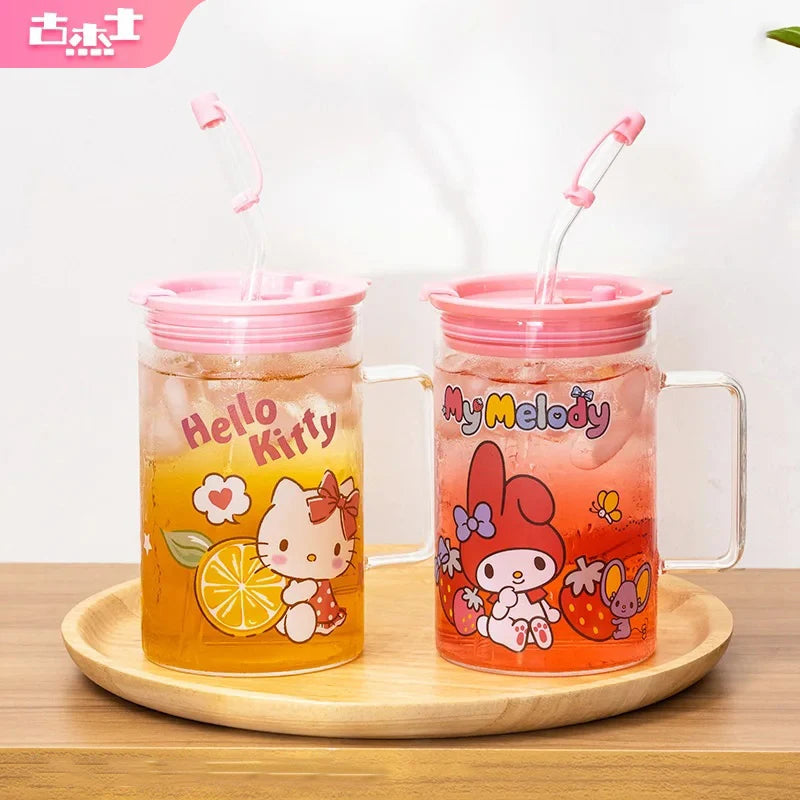 For Sanrio Collaboration Straw Glass Cup Transparent Coffee Mug Cartoon Print Water Cup with Scale＆Handle Home/Office Drinkware