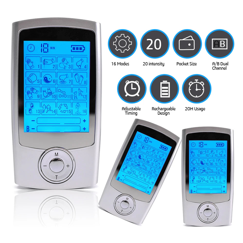 TENS Machine EMS Muscle Stimulator USB Charging for Pain Relief Treatment Using 16 Mode Dual Channel Electronic Pulse Massager