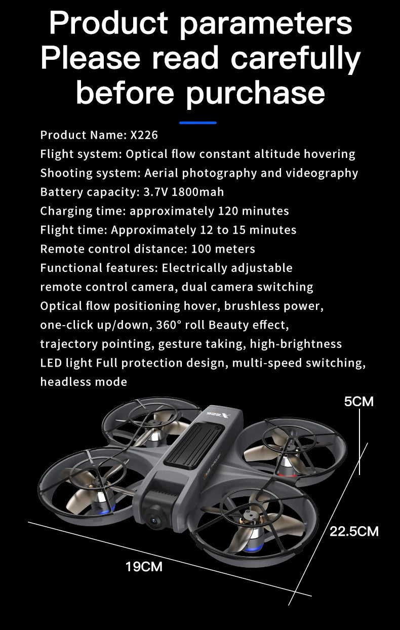 DWi X226 VR FPV Drone 4K HD Dual Camera Aircraft Brushless Motor WIFI 5G RC Quadcopter Optical Flow Positioning Mini Drone Toys