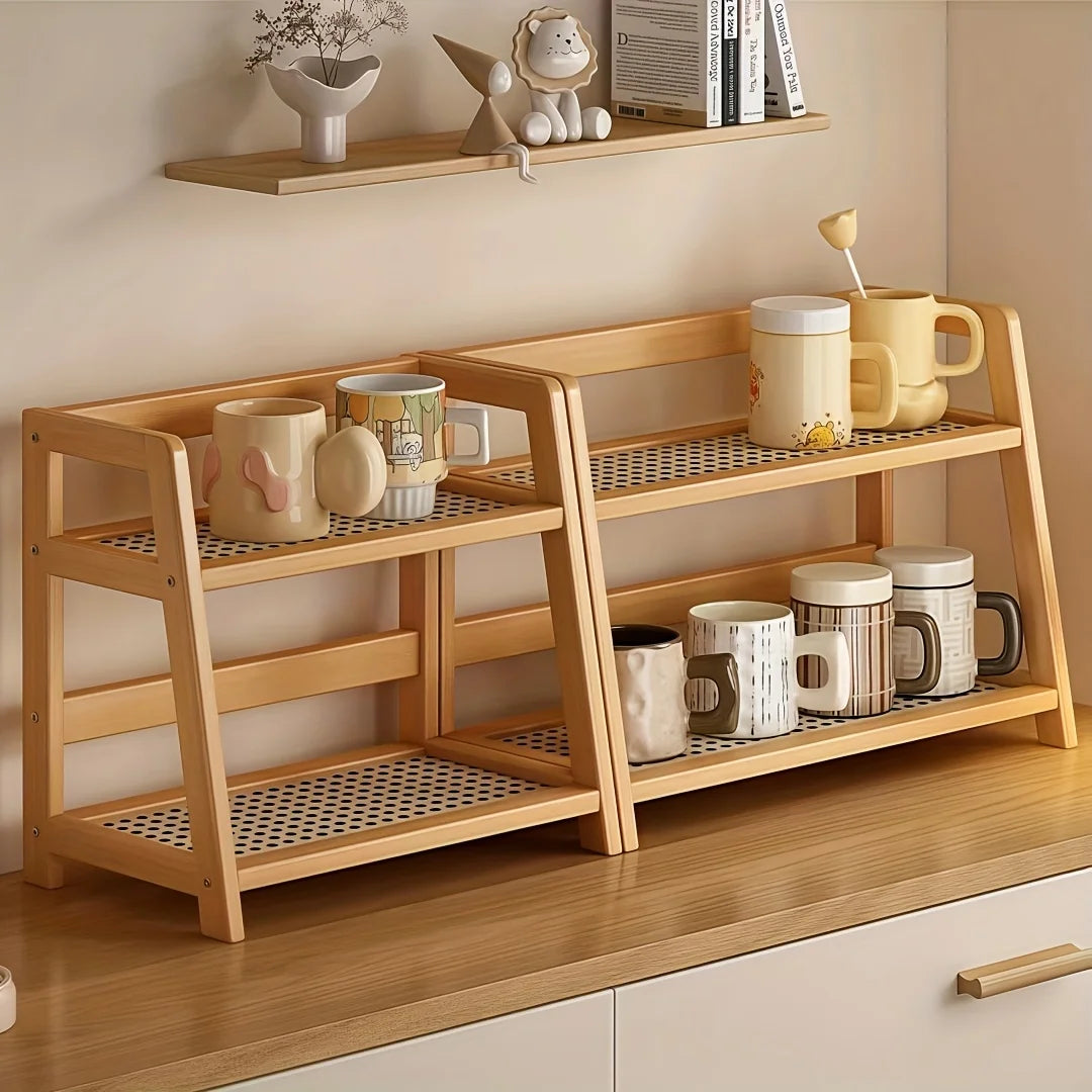 2-Tier Bamboo Shelf, Bohemian Wood Finish. Perfect for Mugs, Plants, Cosmetics & More. Save Space, Stylish Storage!