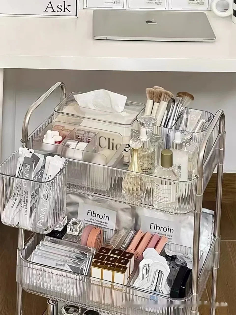 3 Layers Transparent Storage Rack Trolley Acrylic Rolling Cart with Hanging Basket Bathroom Acrylic Makeup Bookshelf organizer