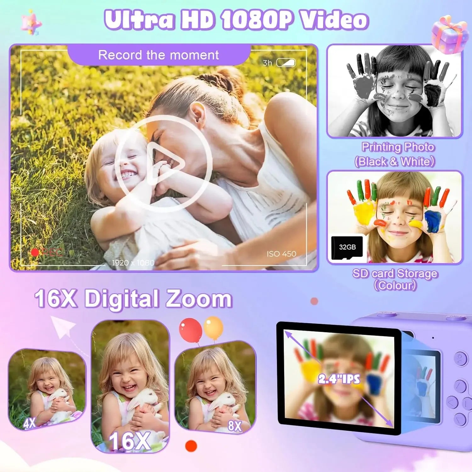 Educational Thermal Instant Print Camera With 32G Card, 1080P Children Mini Digital  Video Camera for Kids Learning  Development