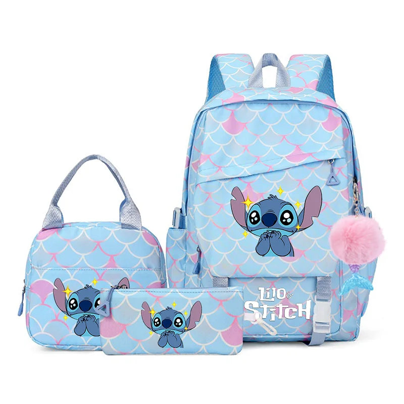 3Pcs Backpack Set Lilo Stitch Girl Kid Student Schoolbags Double Shoulder Bag Travel Pen Lunch Bag Kawaii Bookbag Laptop Bag Set