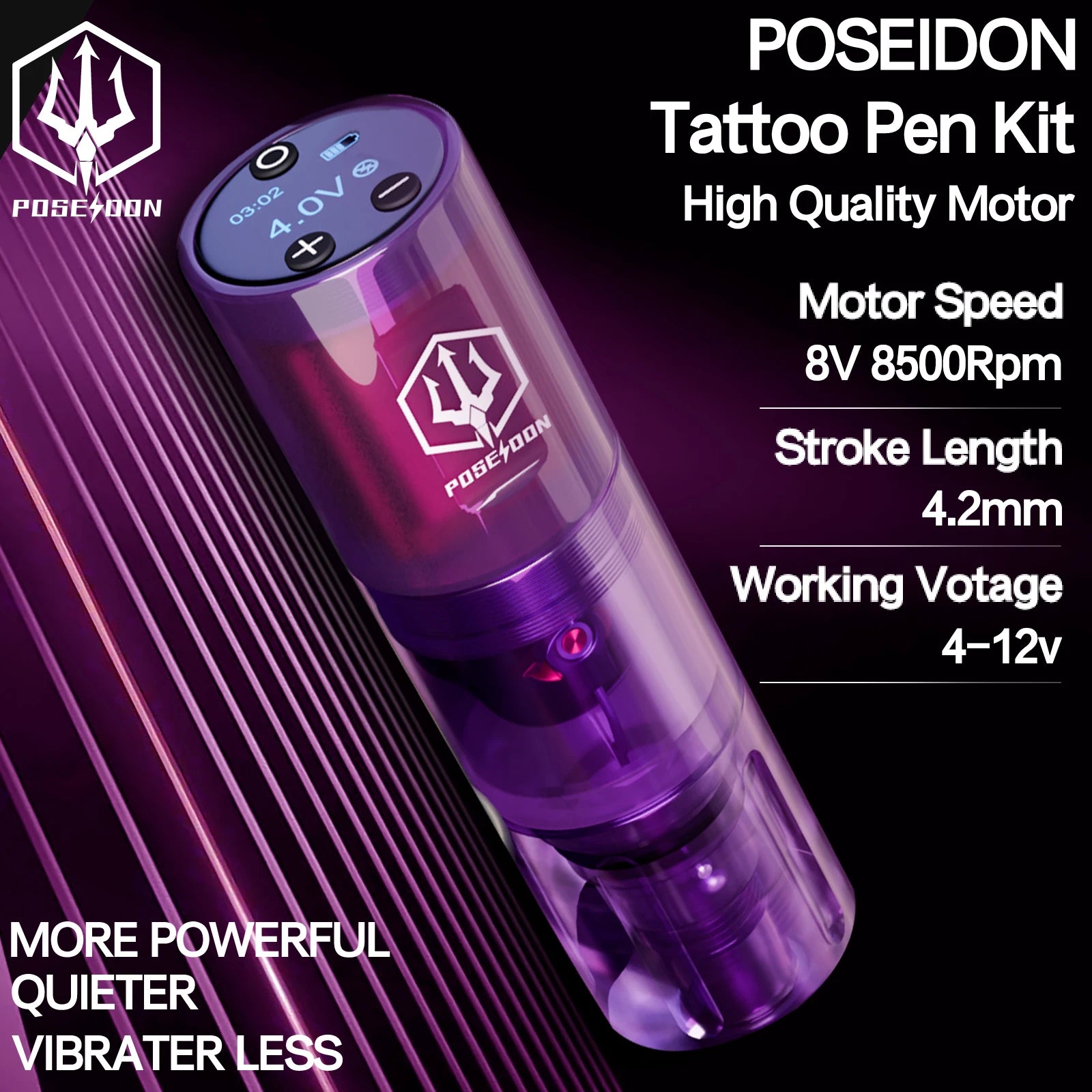 Tattoo Kit POSEIDON High Power Tattoo Pen Kit For Permanent Makeup Tattoo Machine Kit Hot Purple Tattoo Power Supply Tattoo Gun