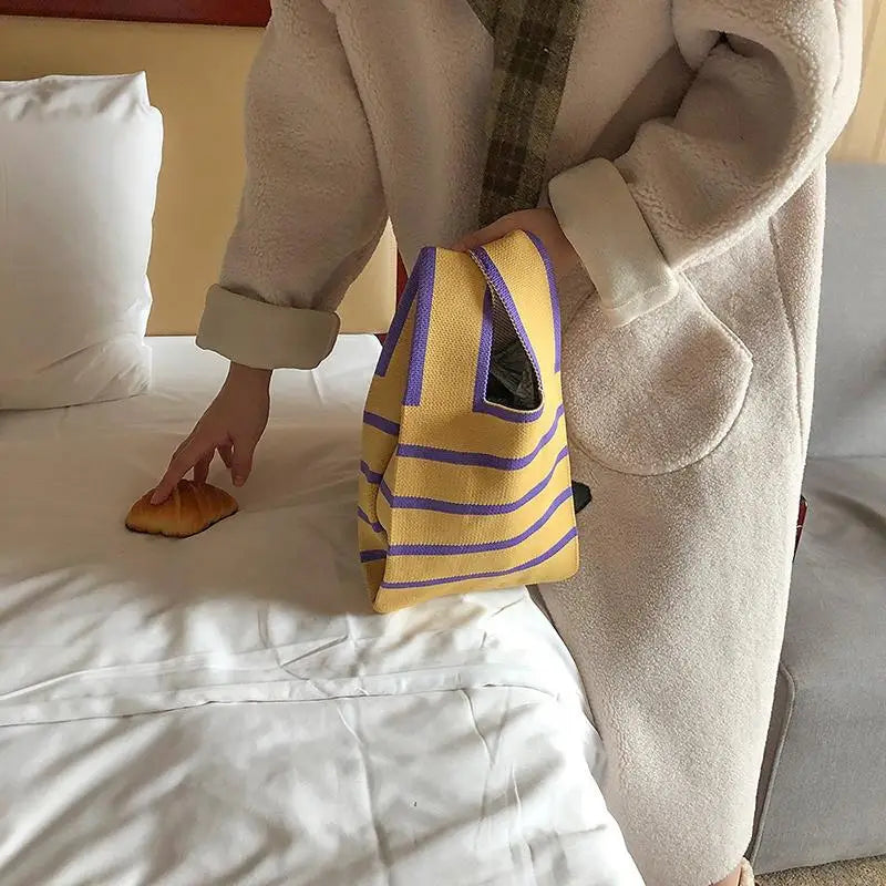 Women Handmade Knitted Small Handbag Casual Wrist Bag Wide Stripe Stripe Shopper Mini Tote Student Reusable Shoulder Bag