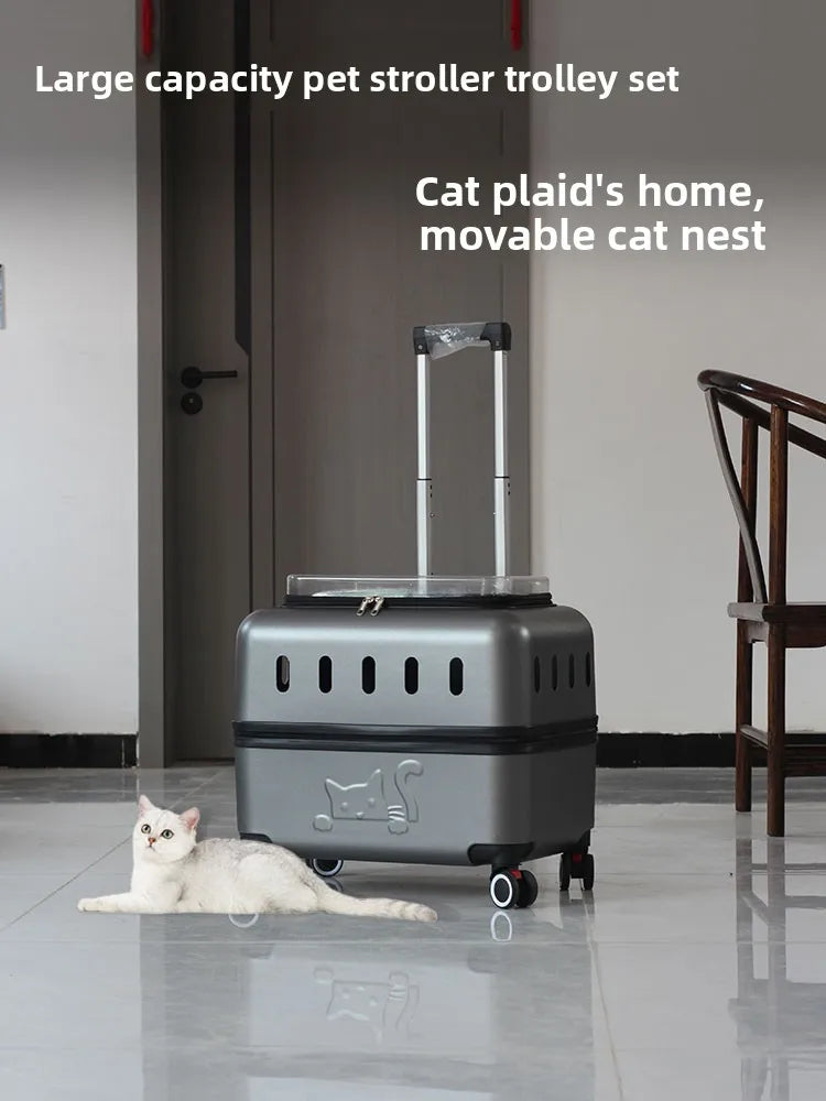 Large Pet Travel Carrier Rolling Pet Transport for Cats & Small Dogs Breathable Cat Suitcase Transparent Skylight Pet Stroller
