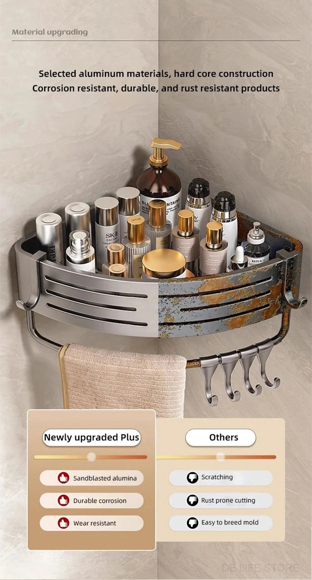 1-2PCS Bathroom Corner Shelf with Plastic Hook Towel Bar No Drill Space Aluminum Shower Storage Rack Bathroom Organizer