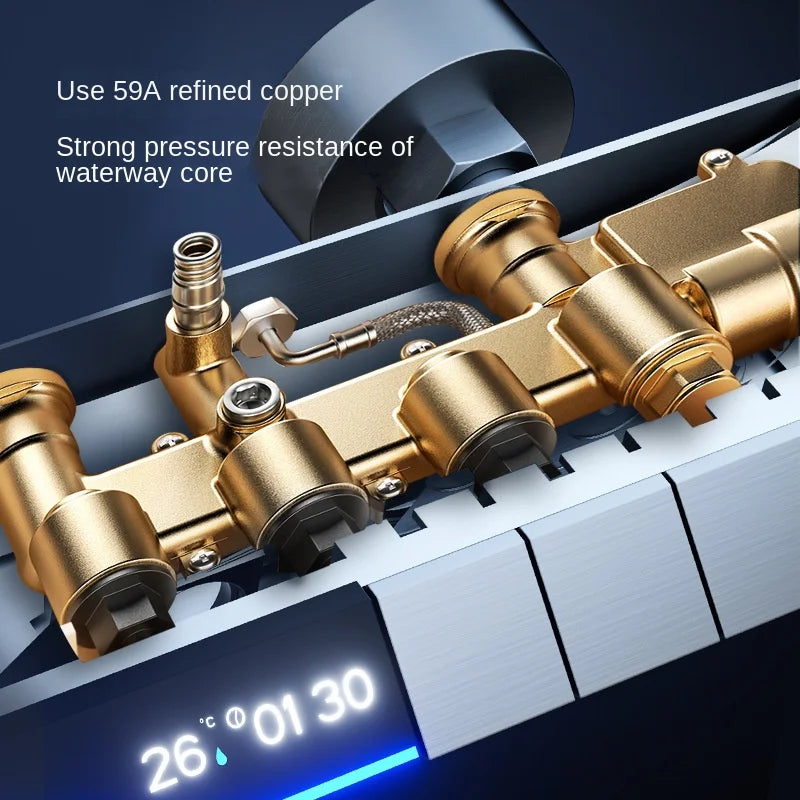 Luxury Wall Mounted Smart Button Digital Display Shower Set Thermostat System Glass Countertop Bathroom Brass Rain Shower Set