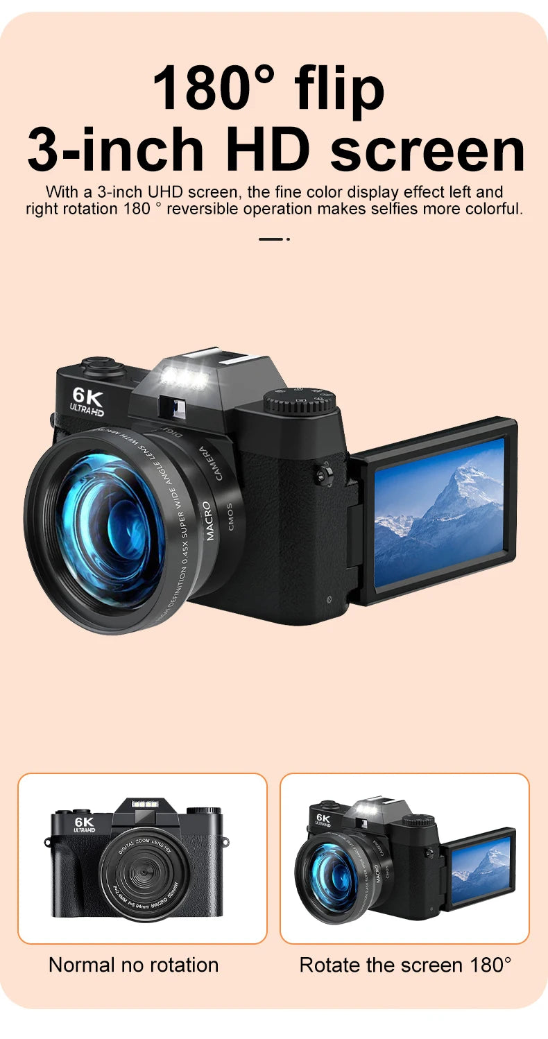 6K Digital Photography Camera 16X Digital Zoom 64MP Vintage Vlog Video Recorder YouTube 180° Flip Screen WiFi Web Cam With Flash