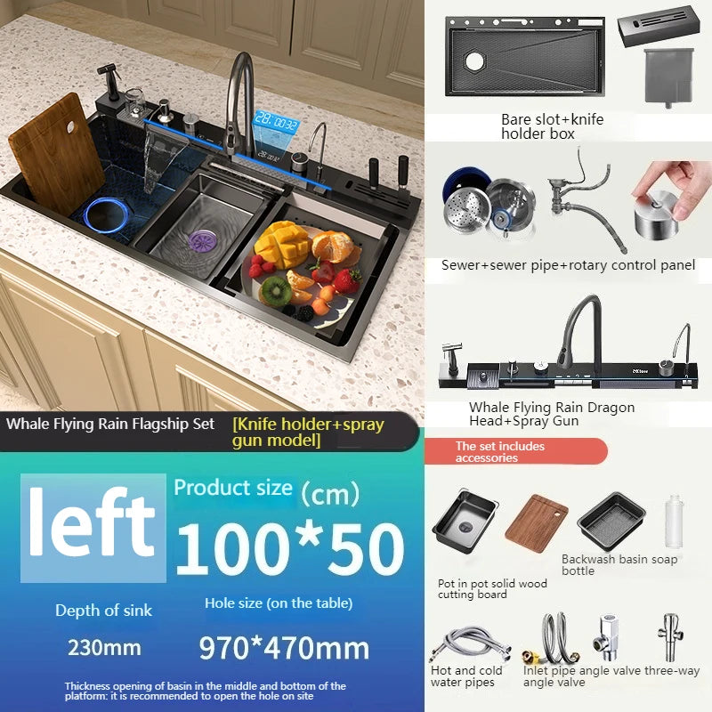 Stainless Steel Waterfall Kitchen Sink New Embossed Extra Large Single Slot Modern Digital Display Dishwashing Basin