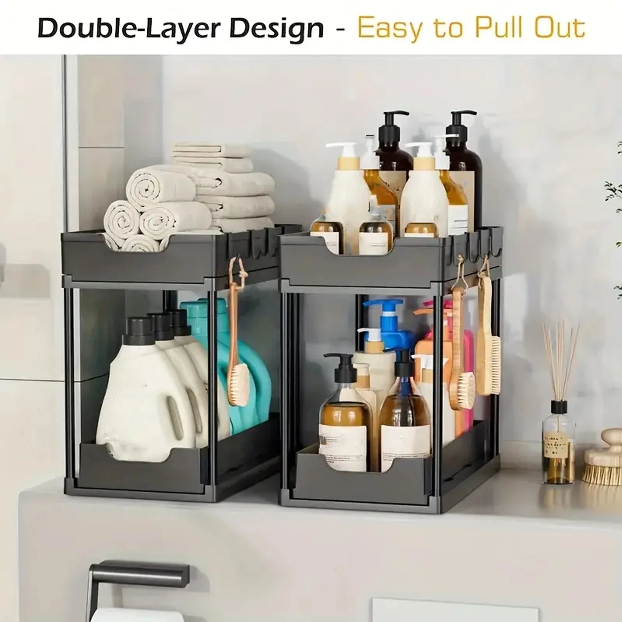 Double-Layer Pull-Out Kitchen Storage Rack, Non-Slip, Stable, Multi-Functional Storage Box with Five Hooks, under Sink Brush, Double-Layer Drawer Storage Rack, Suitable for Kitchen and Bathroom Countertop Sink Storage