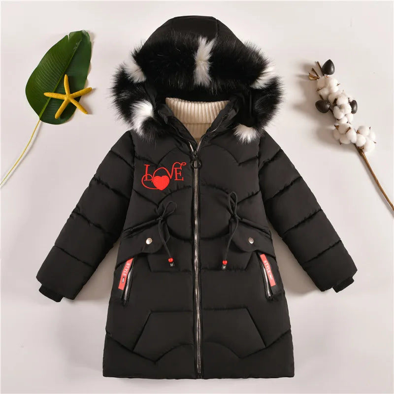 5-14 Years Old Winter Boys Girls Jacket Long Style Hooded Fur Collar Colorful Heavy Coat For Kids Children Outerwear