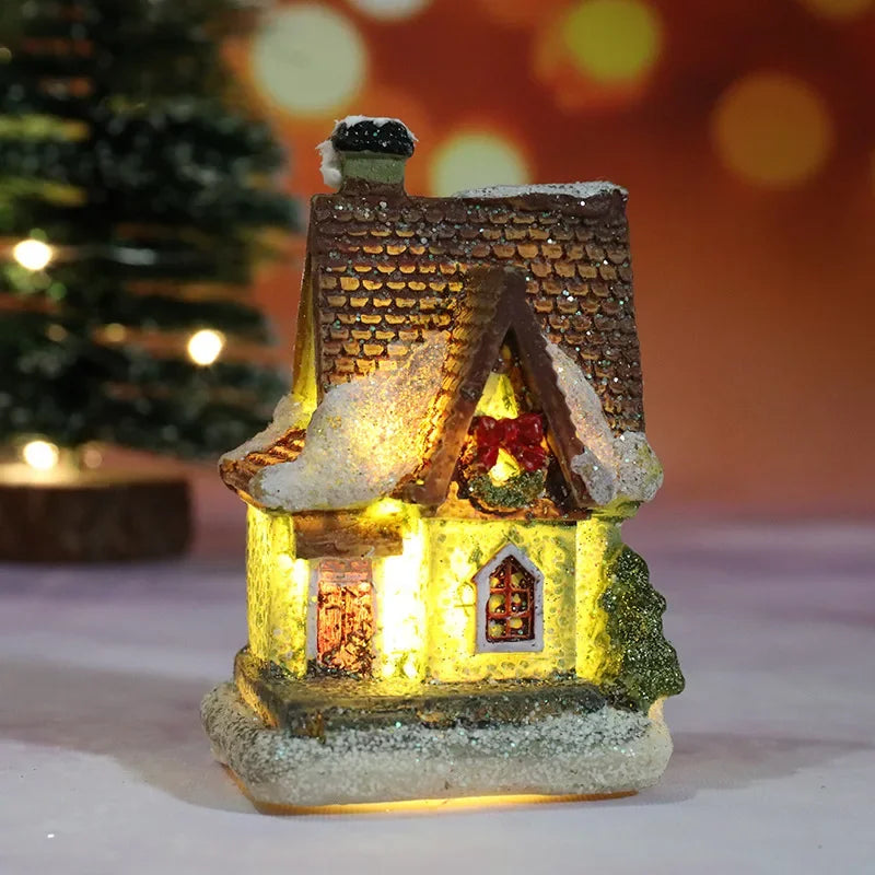 Christmas Decoration House LED Light Xmas Durable Ornaments Small Resin Mini House Miniature Village Building for Home Kids Gift