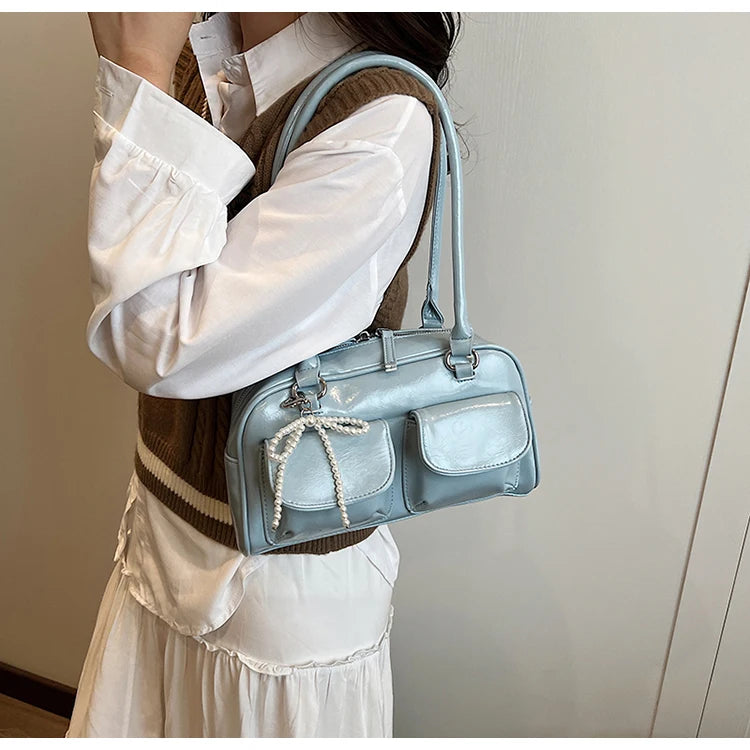 Solid Sewing Thread Fashion Glossy PU Shoulder Bags Baguette Versatile Hand Bags 2025 Hot Sale Bags for Women Bolsas Femininas