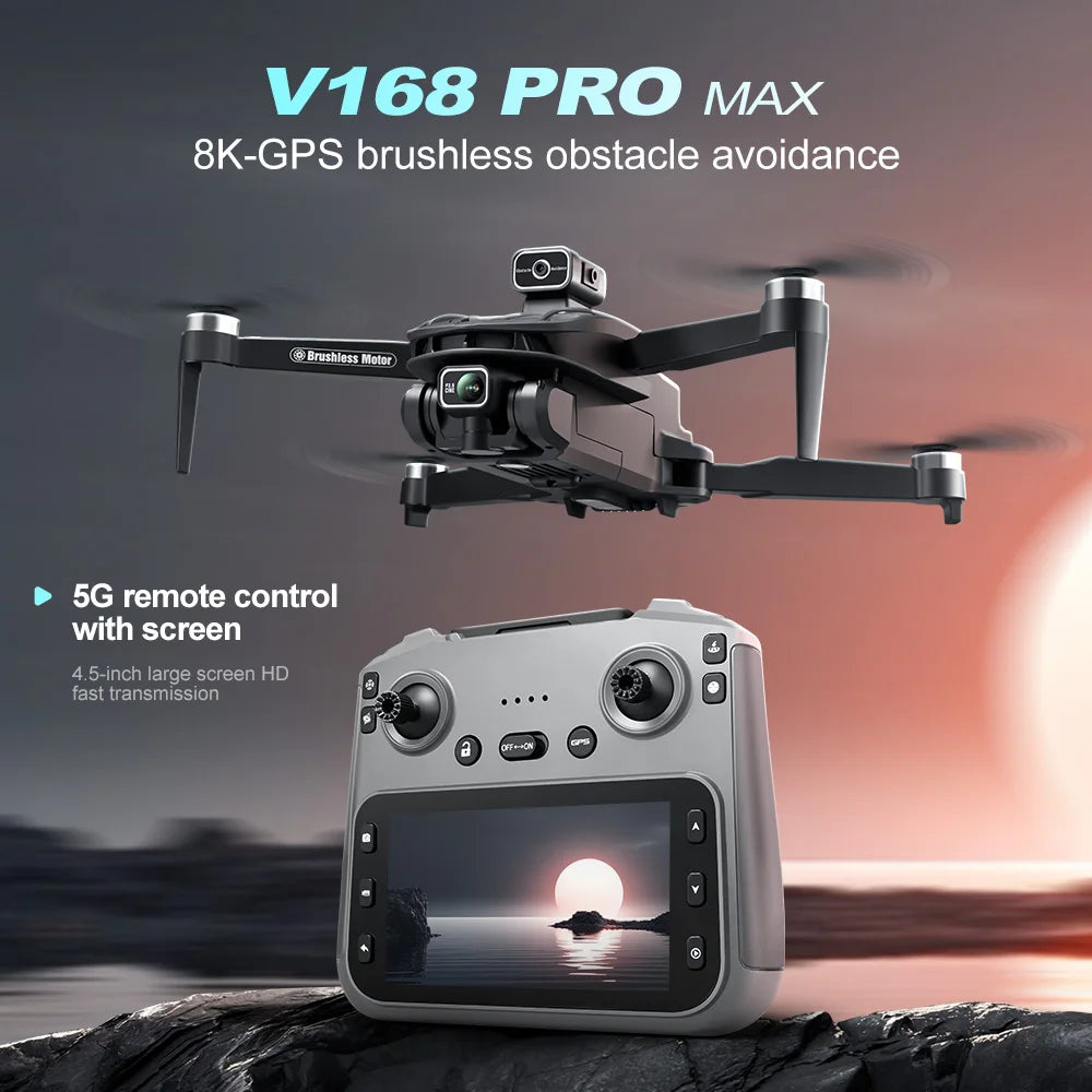 V168 PRO Max GPS Drone 8K Professional HD Dual Camera Omnidirectional Screen 360° Obstacle Avoidance FPV Dron Rc Quadcopter Toys