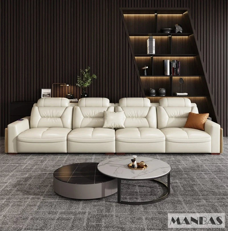 Premium Italian Genuine Leather Sectional Sofa Sets Couch Sofas with USB and Bluetooth Speaker - MANBAS Living Room Furniture