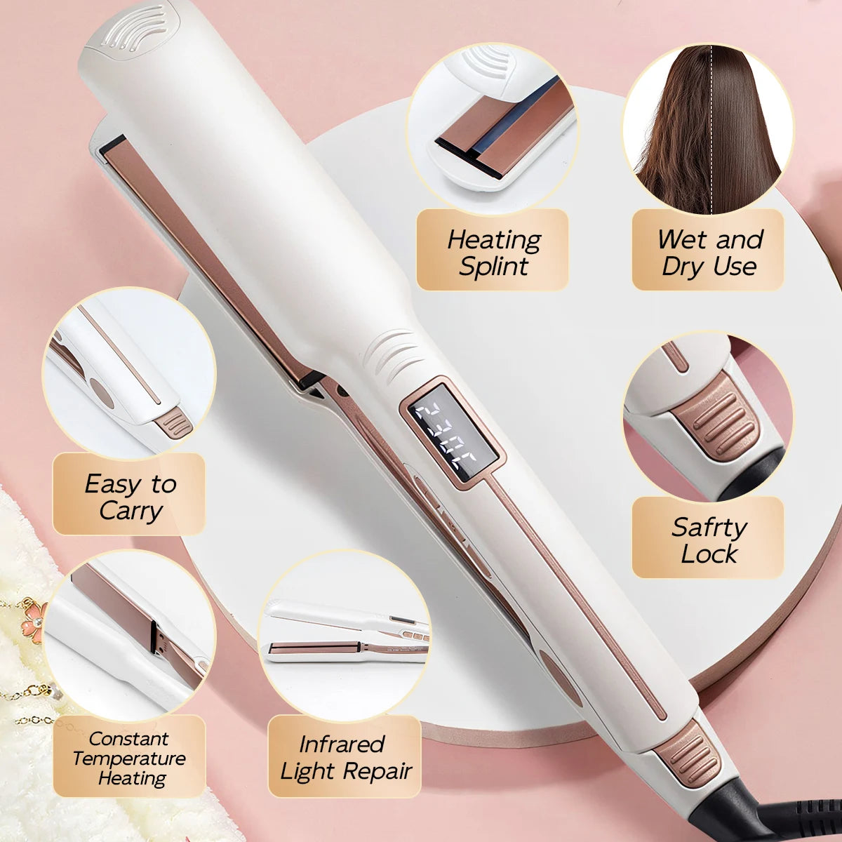 TQ-H2 Infrared Hair Straightener with LCD Display - Adjustable Temperature & Wet/Dry Use | White Styling Iron for Smooth Care