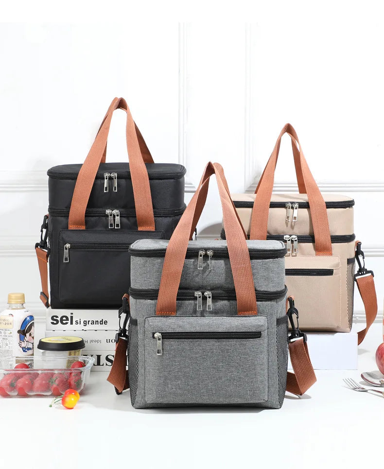 1PC Large Capacity Lunch Bag Double Layers Thermal Insulation Picnic Bag Food Drink Storage Tote With Shoulder Strap Cooler Bags