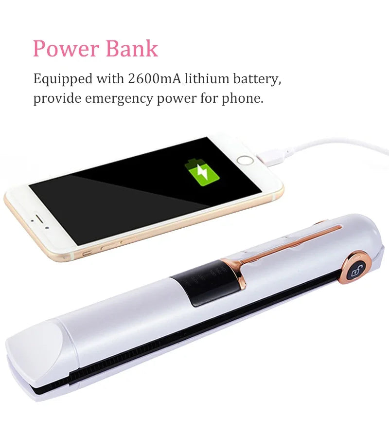 Portable Wireless Hair Straightener With Power Bank Function Rechargeable Hair Straightening Curling Flat Iron For Home Travel