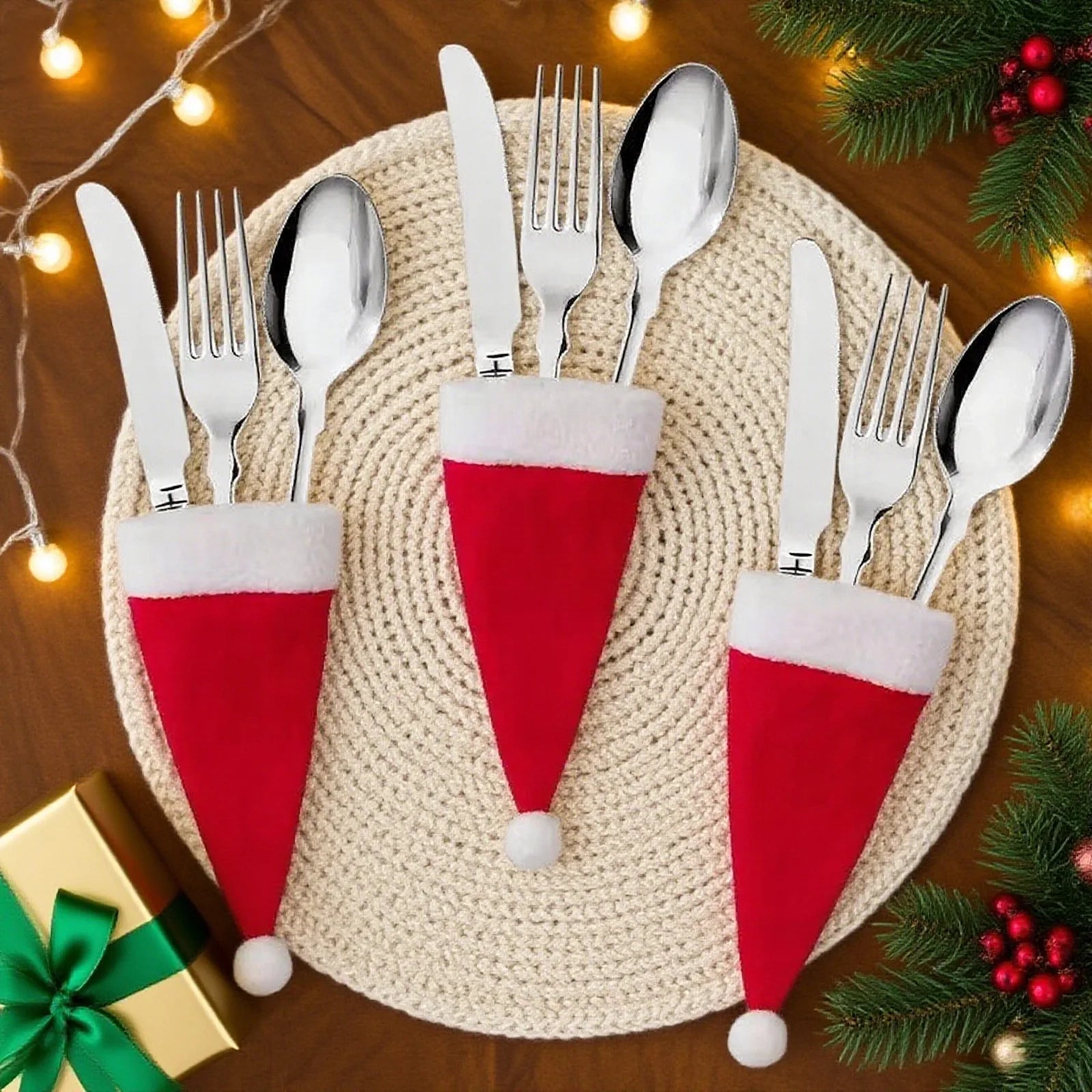 Merry Christmas Decorations Mini Tableware Christmas Fork Knife Holder Bag for Home Dinner Table Decor New Year Christmas Gift