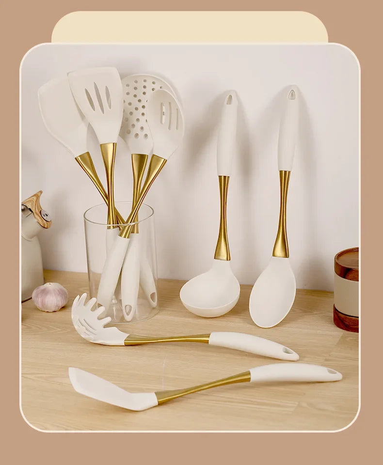 8-Piece Silicone Kitchen Utensil Set with Wooden Handles, Non-Scratch Spatula, Spoon, Tongs, Whisk & Brush for Cooking & Baking