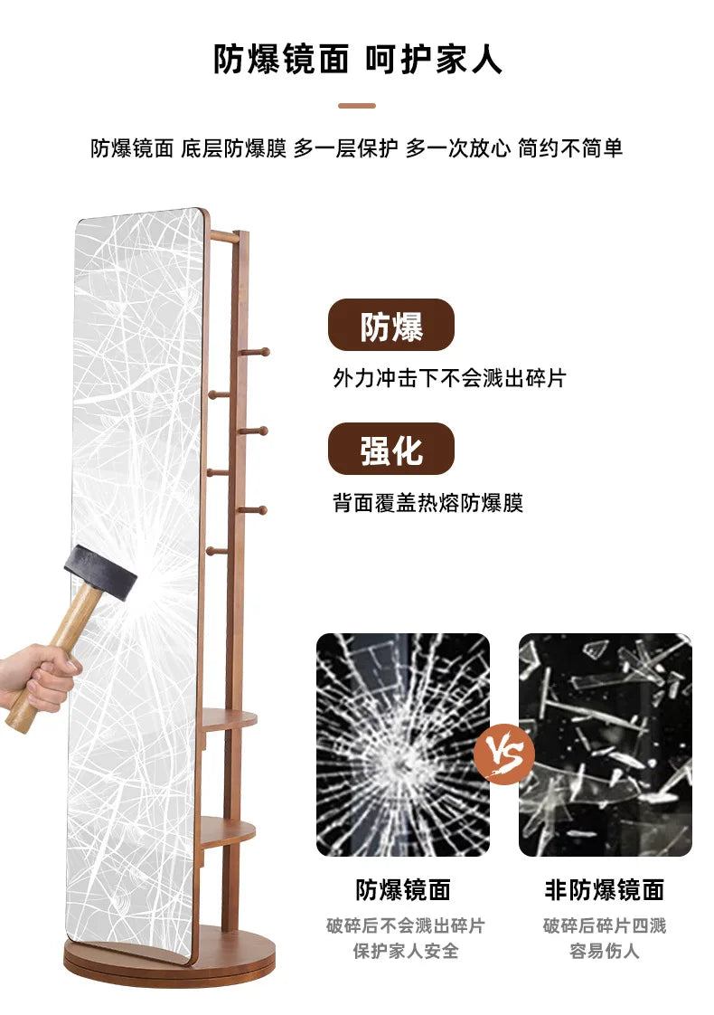 Solid Wood Full Body Floor Mirror for Home Bedroom Rotatable Movable Dressing Room Mirror with Clothes Hanger