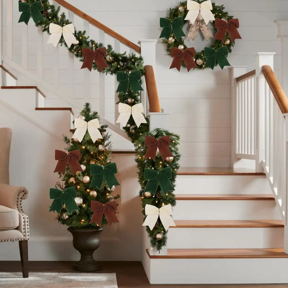 5PCS Christmas Velvet Bows 6 Inch Rustic Wreath Bows Vintage Xmas Ribbon Bow Holiday Ornaments  Christmas Tree Garland DIY Craft