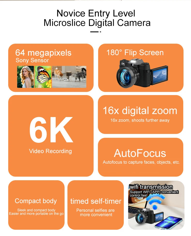6K Digital Photography Camera 16X Digital Zoom 64MP Vintage Vlog Video Recorder YouTube 180° Flip Screen WiFi Web Cam With Flash
