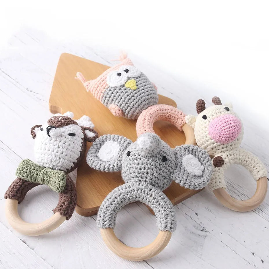 Let's Make Baby Rattles Crochet Bunny Rattle Toy Wood Ring Baby Teether Rodent Baby Gym Mobile Newborn Educational Rattles Toys