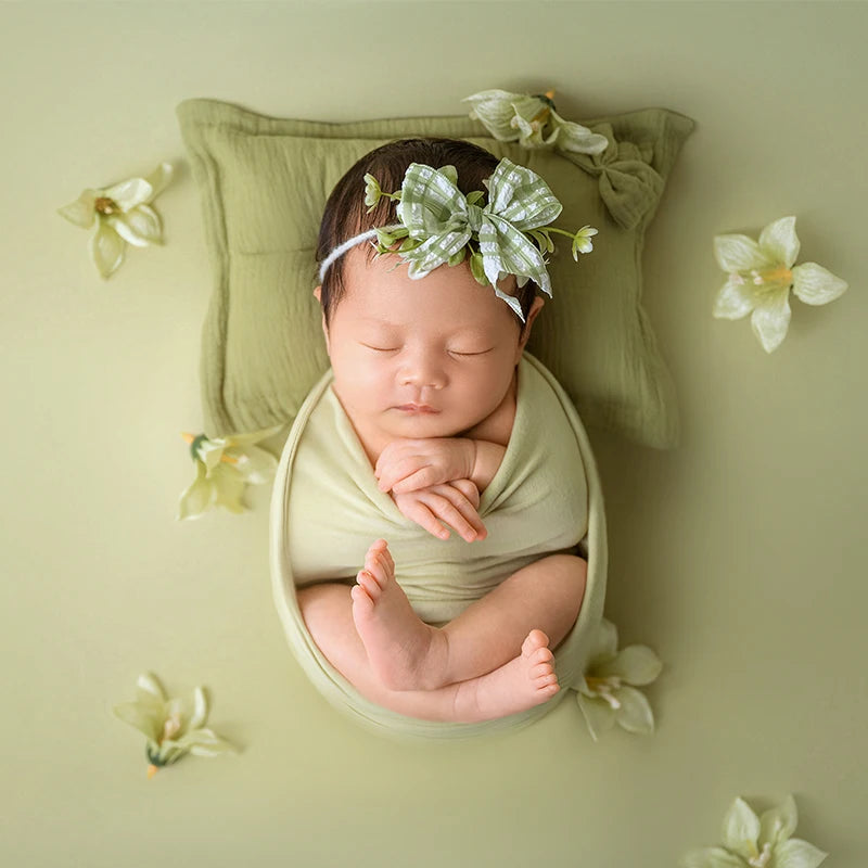 Green Theme Newborn Baby Photography Props Cute Bow Headflower Baby Posing Elastic Wrapping Cloth Background Blanket Accessories