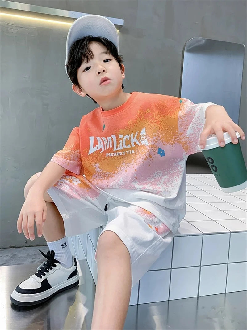Boys Loose Casual Sets Summer Teen Gradient T-shirts+Shorts 2Pcs Big Kids Sport Short Sleeve Clothes Suits Children Print Outfit