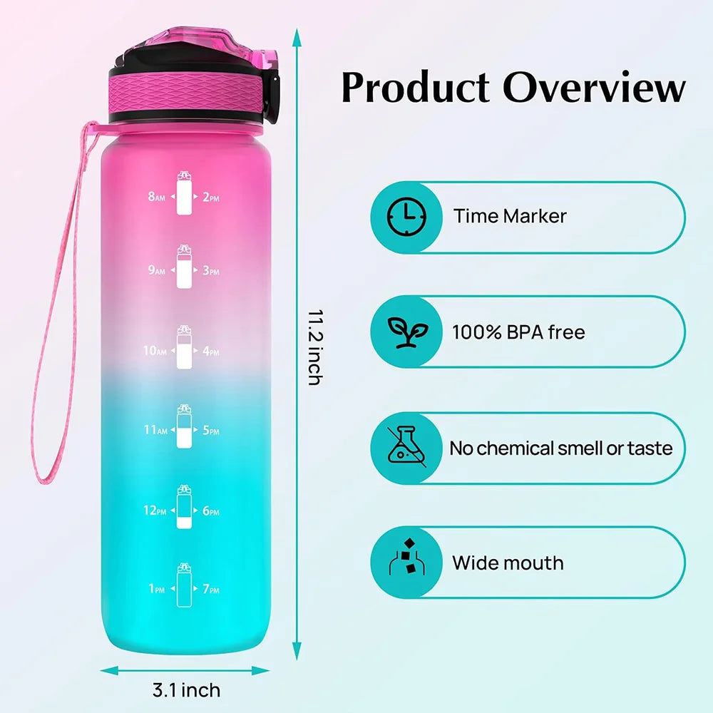 1L Gradient Color Motivational Sports Water Bottle with Time Marker Water Bottle with Straw for Office Exercise Gym Outdoor