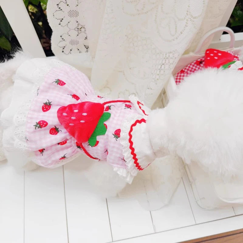 Strawberry Dress For Dogs Summer Spring Cute Plaid Female Girl Puppy Pet Cat Apparel Clothes Yorkie Chihuahua Small Medium Pugs