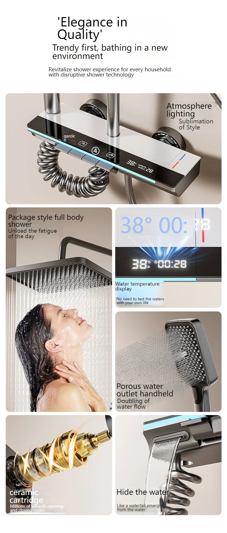 Smart Digital Display Bathroom Shower Set Piano Key Rainlfall Bath Showers System Set Apartment Bathtub Shower Faucet Full Set