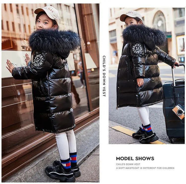 5-14 Years Old Winter Boys Girls Jacket Long Style Hooded Fur Collar Colorful Heavy Coat For Kids Children Outerwear